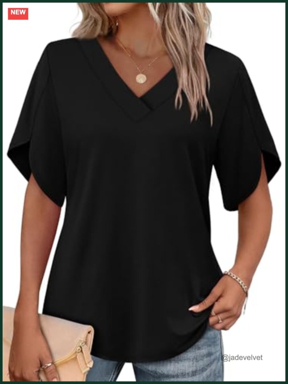 Women's V-Neck Short Sleeve Blouse with Petal Sleeves - Casual Summer Top